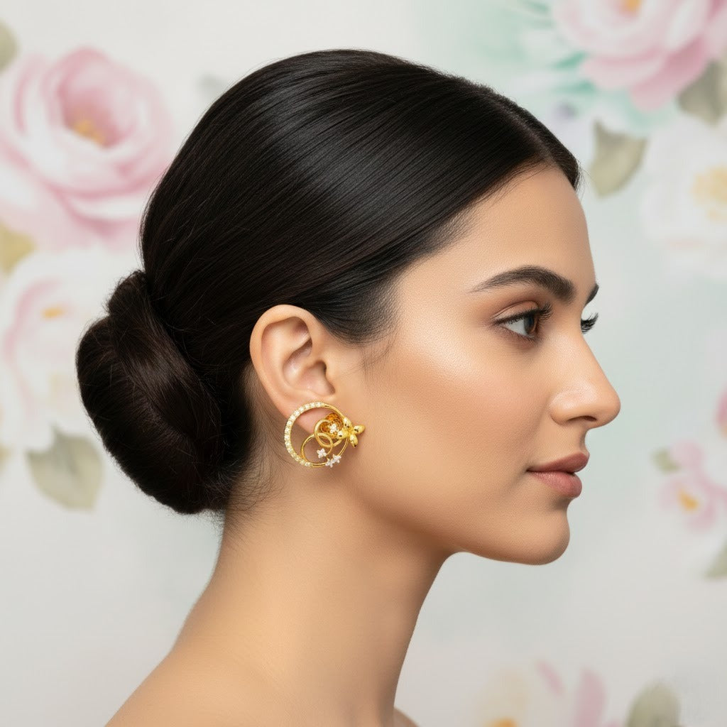Floral Loop Circle Diamond Gold Earrings