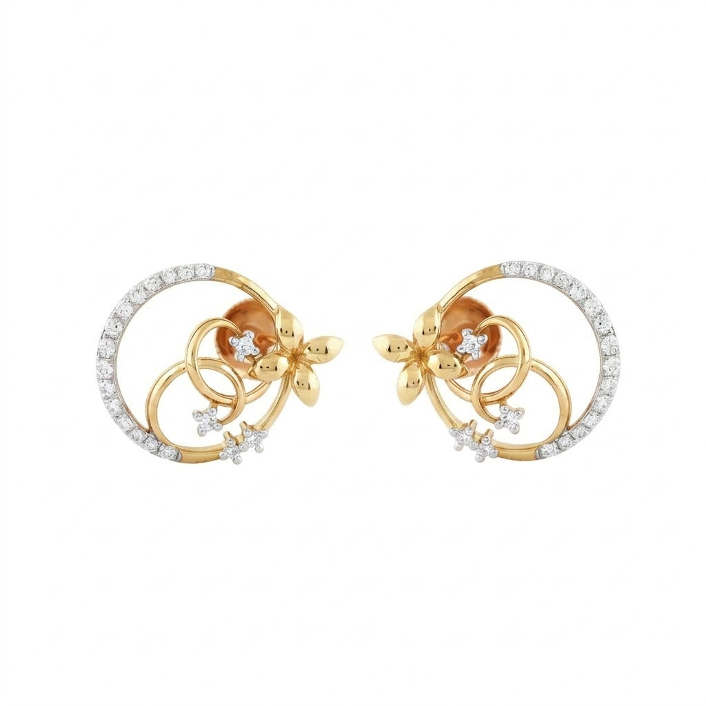 Floral Loop Circle Diamond Gold Earrings