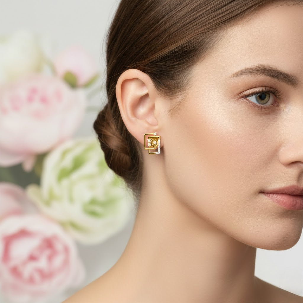 Geometric Maze Diamond Gold Earrings