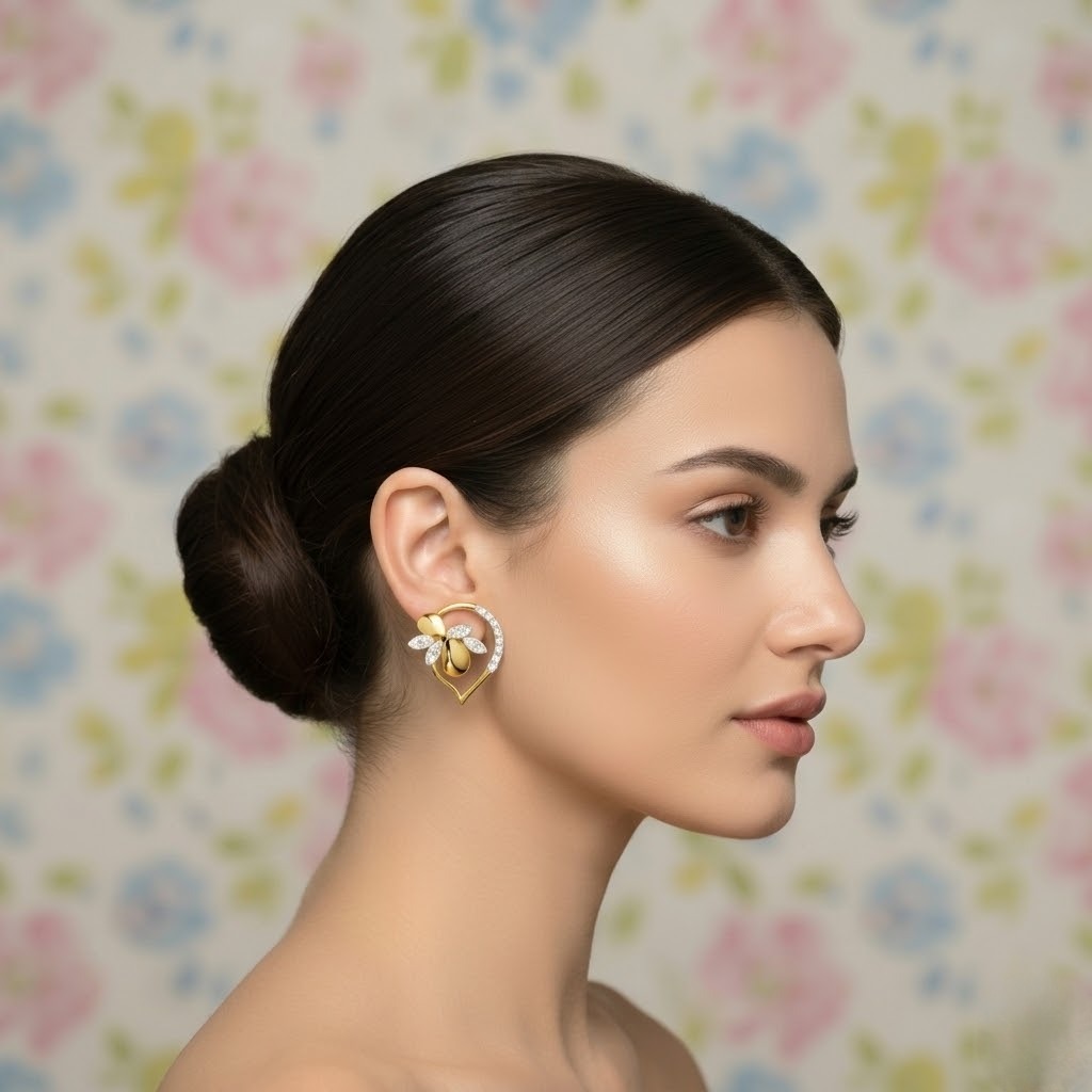 Floral Heart Frame Diamond Gold Earrings