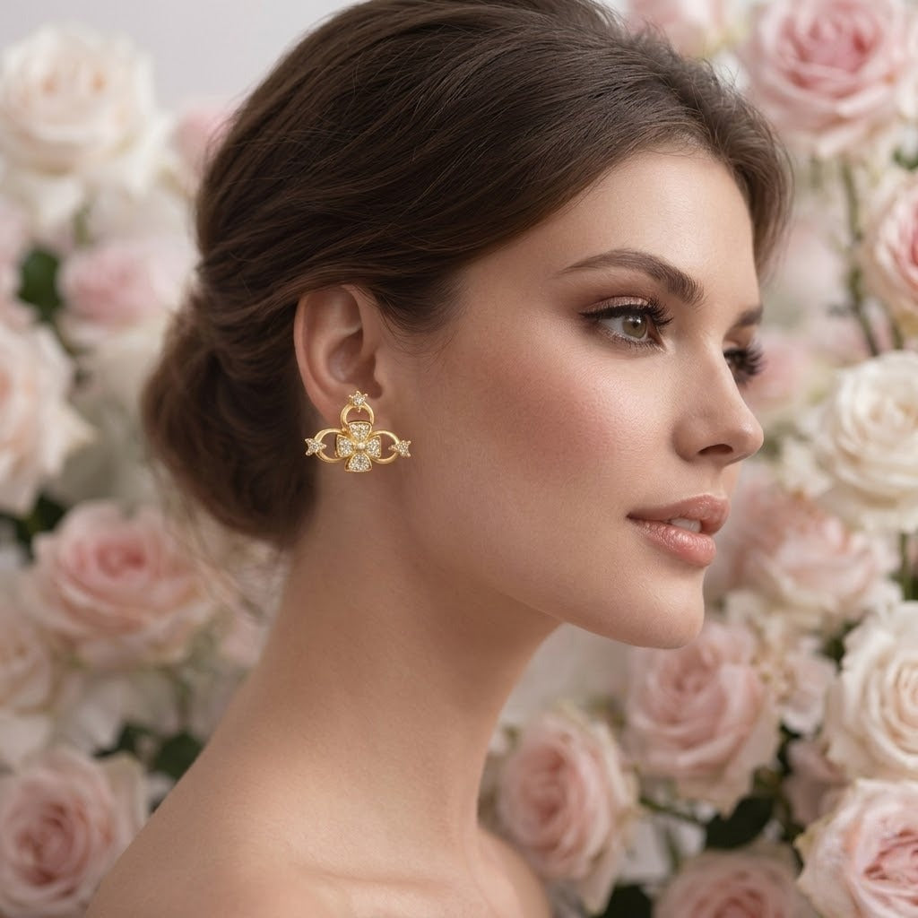 Floral Loop Motif Diamond Gold Earrings
