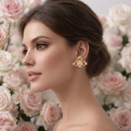 Floral Loop Motif Diamond Gold Earrings