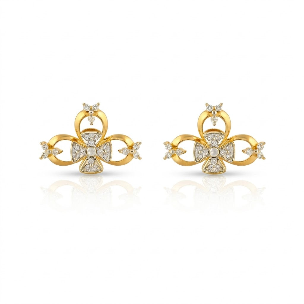 Floral Loop Motif Diamond Gold Earrings