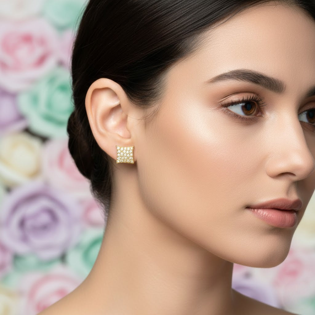 Perforated Diamond Shape Diamond Gold Earrings