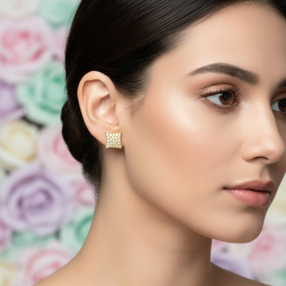 Perforated Diamond Shape Diamond Gold Earrings
