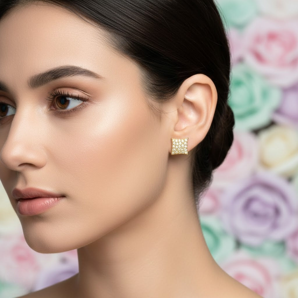 Perforated Diamond Shape Diamond Gold Earrings