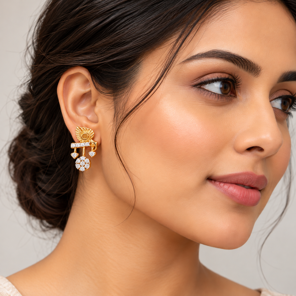 Hanging Stone Feather Gold Earrings
