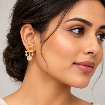 Hanging Stone Feather Gold Earrings