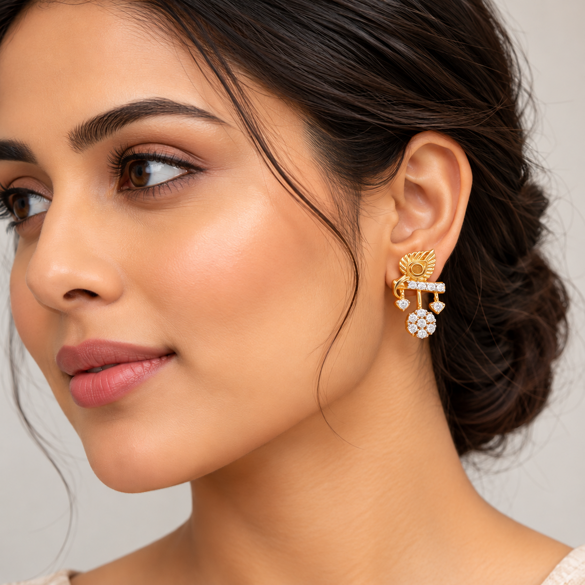 Hanging Stone Feather Gold Earrings