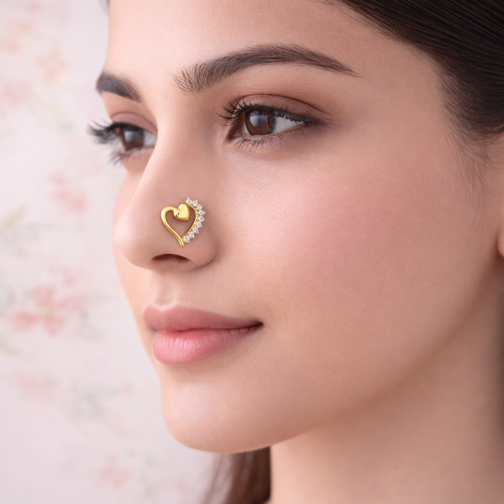 Double Heart Diamond Gold Nose Pin