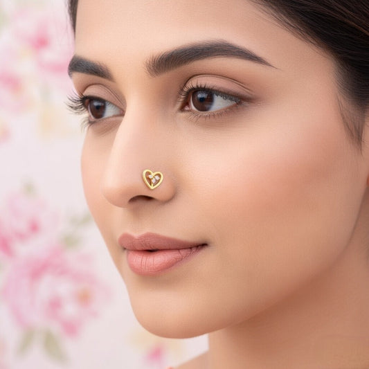 Open Heart Floral Diamond Gold Nose Pin