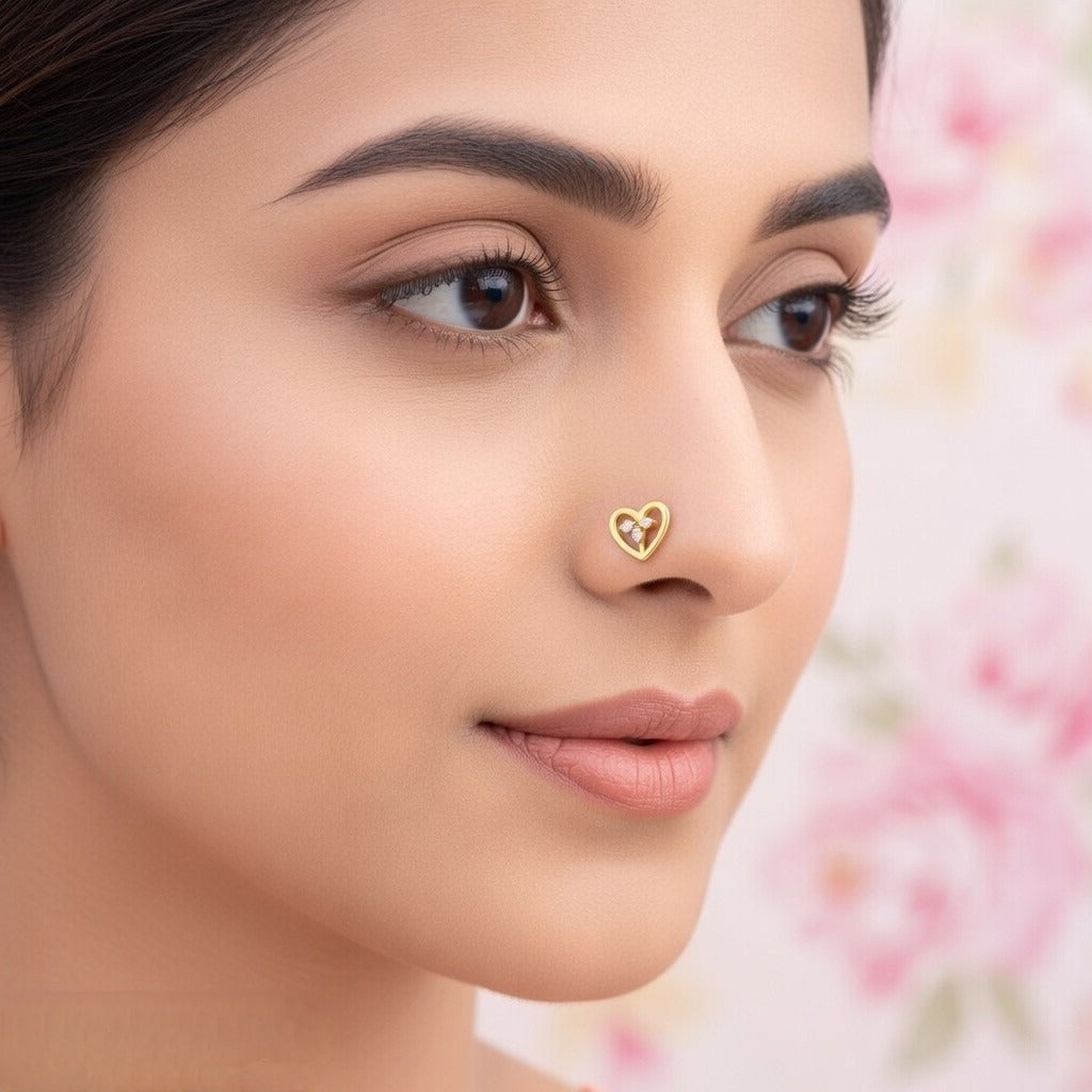 Open Heart Floral Diamond Gold Nose Pin