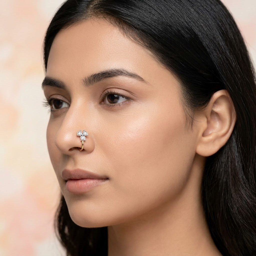 Classic Trio Floral Accent Diamond Gold Nose Pin