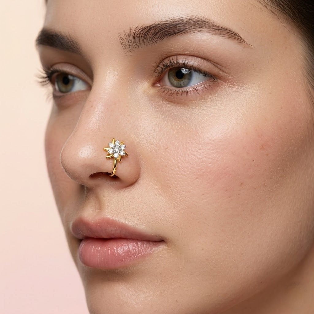 9K Floral  Sparkle Diamond Gold Nose Pin