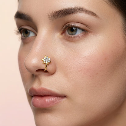 9K Floral  Sparkle Diamond Gold Nose Pin