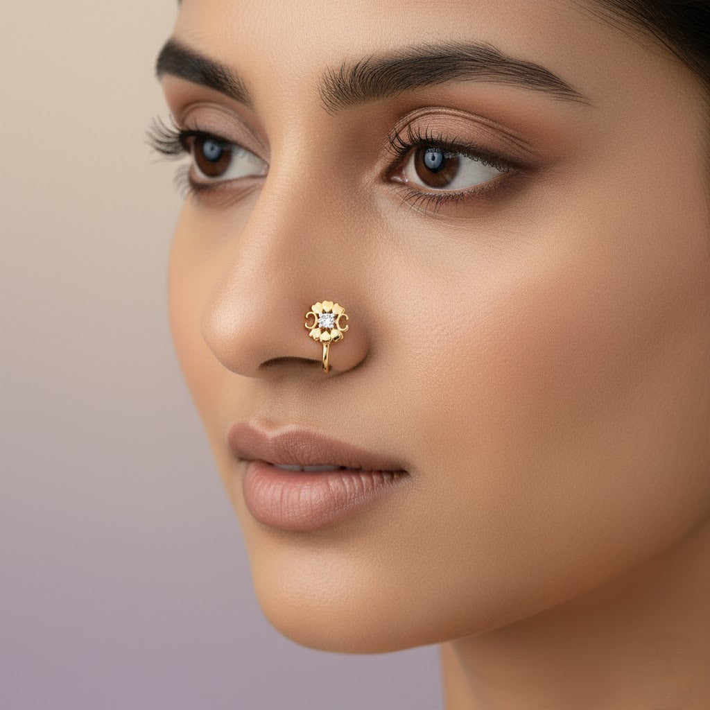 Classic Petal Spark Diamond Gold Nose Pin