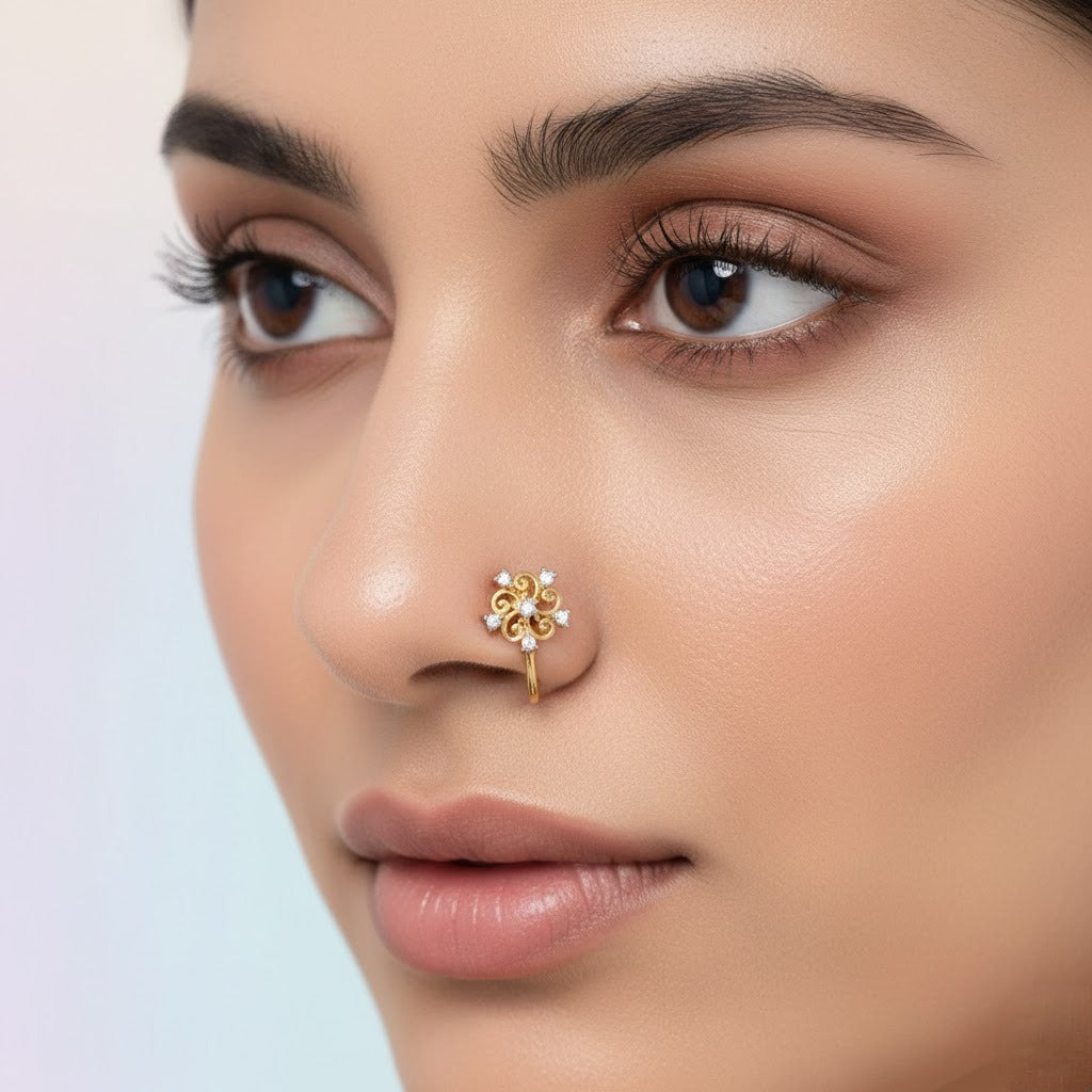 Vintage Swirl Floral Diamond Gold Nose Pin