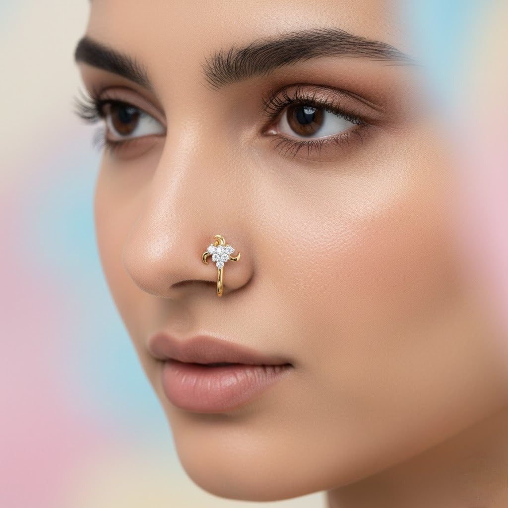 Graceful Crescent Floral Sparkle Diamond Gold Nose Pin