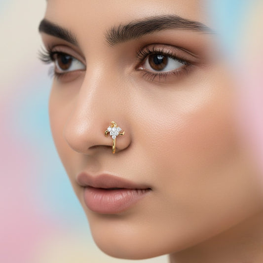 Graceful Crescent Floral Sparkle Diamond Gold Nose Pin