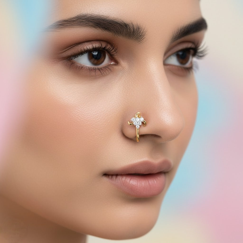 Graceful Crescent Floral Sparkle Diamond Gold Nose Pin