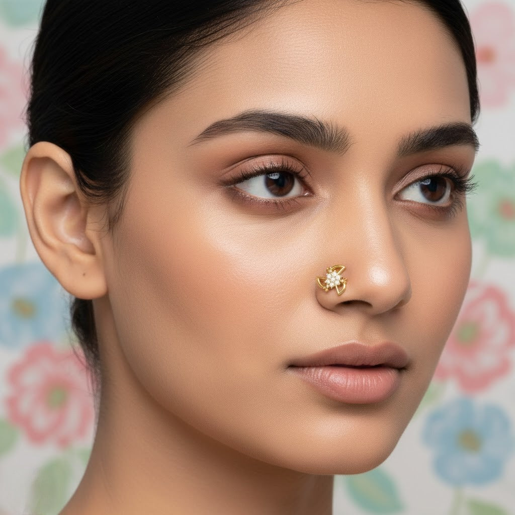 Floral nose pin in 9K yellow gold with twisting petals and small diamonds