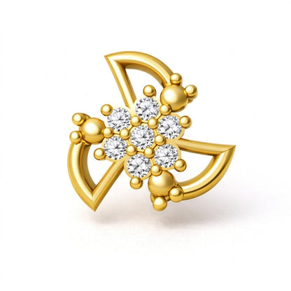 Floral nose pin in 9K yellow gold with twisting petals and small diamonds