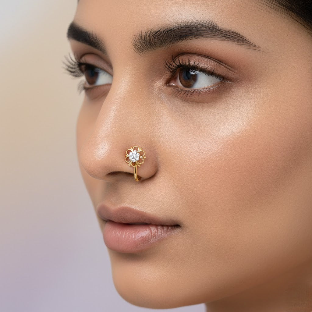 Elegant Floral Cluster Diamond Gold Nose Pin