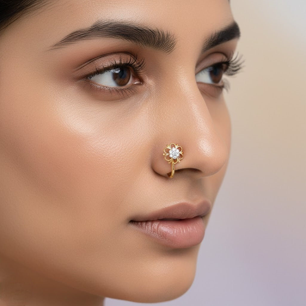 Elegant Floral Cluster Diamond Gold Nose Pin