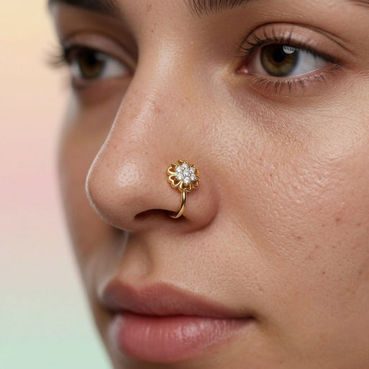 Golden Floral Diamond Nose Pin