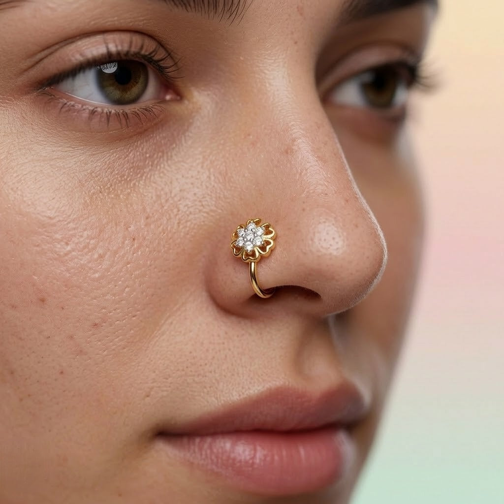 Golden Floral Diamond Nose Pin