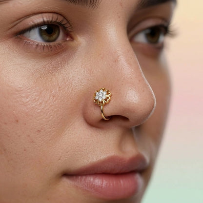 Golden Floral Diamond Nose Pin