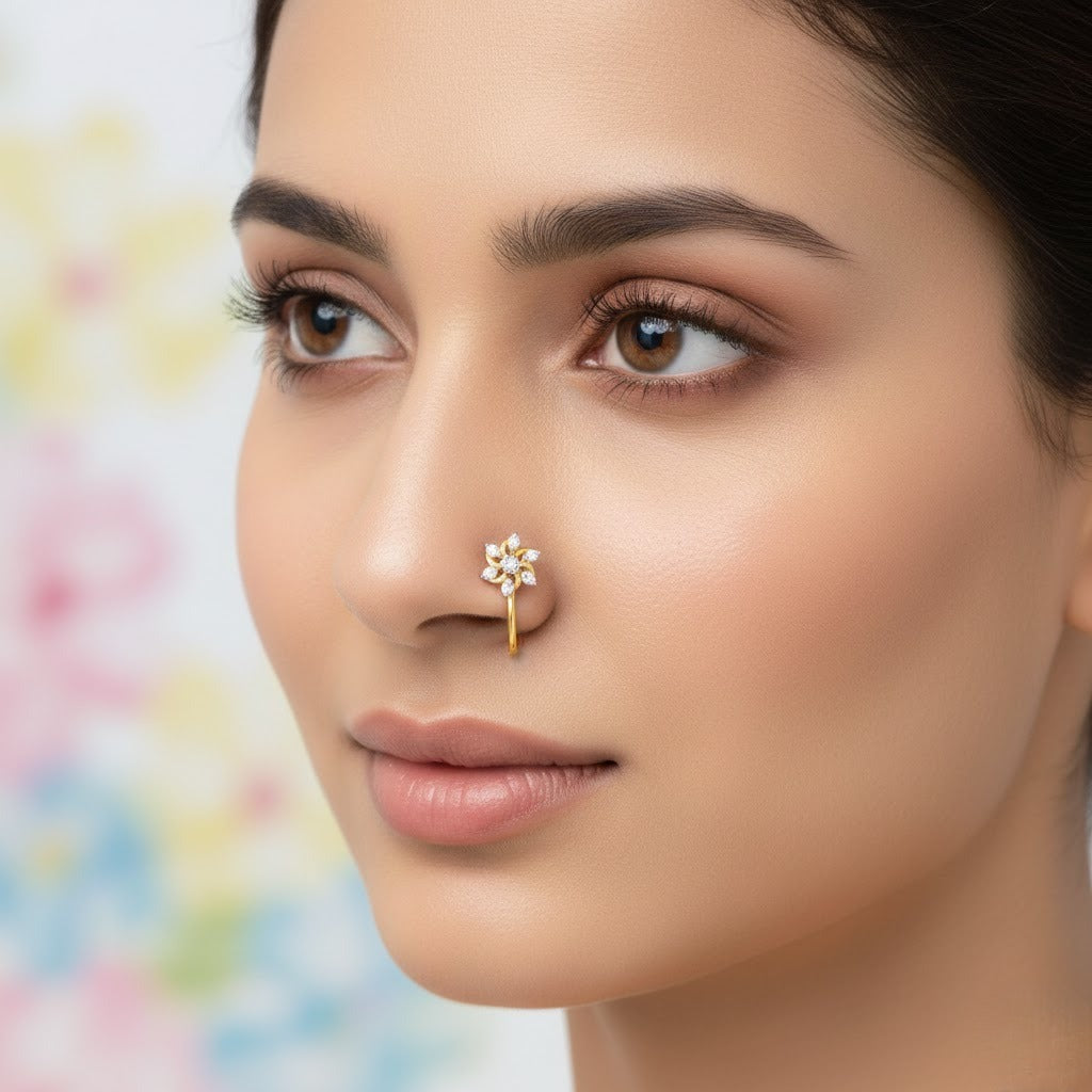 Elegant Flower Diamond Gold Nose Pin