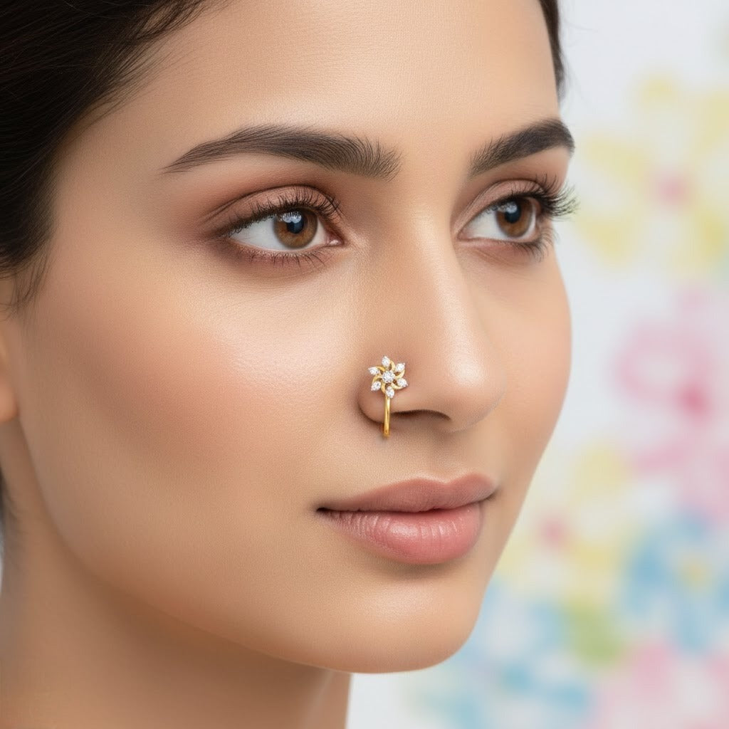 Elegant Flower Diamond Gold Nose Pin