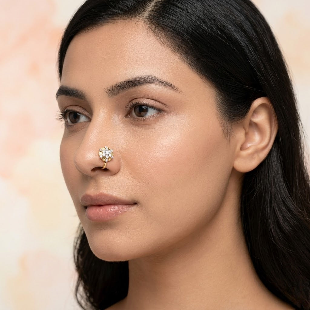 Radiant Blossom Cluster Finish Diamond Gold Nose Pin