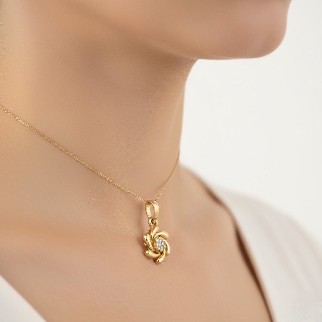 Elegant Swirl Floral Center Sparkle Diamond Gold Pendant