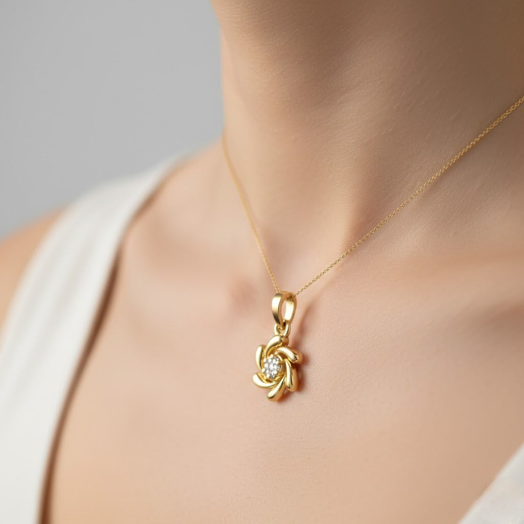 Elegant Swirl Floral Center Sparkle Diamond Gold Pendant