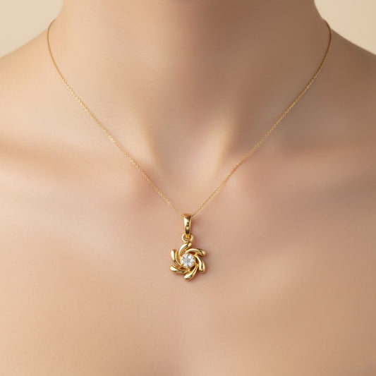 Elegant Swirl Floral Center Sparkle Diamond Gold Pendant