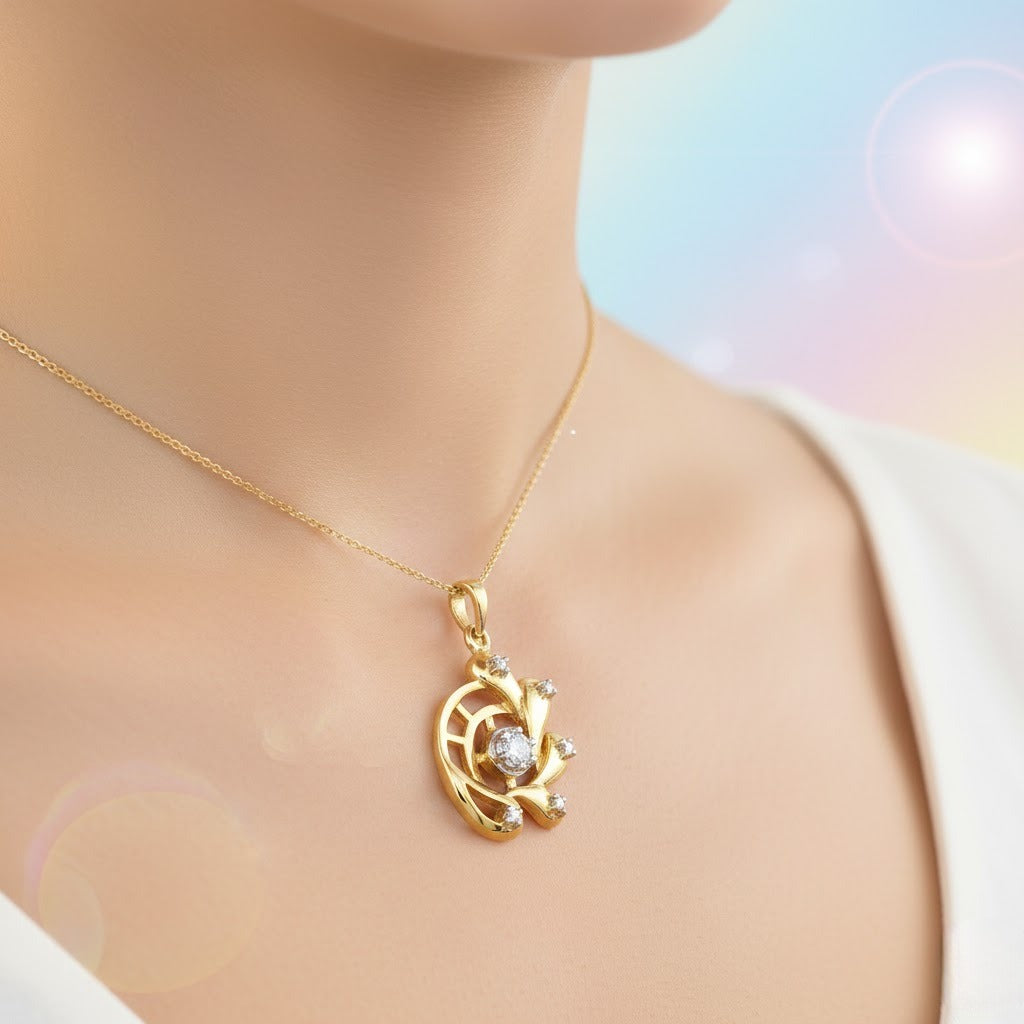 Floral Swirl Blue Accent Diamond Gold Pendant
