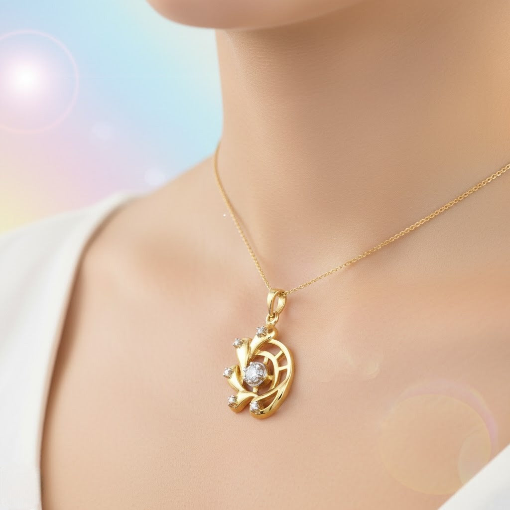 Floral Swirl Blue Accent Diamond Gold Pendant