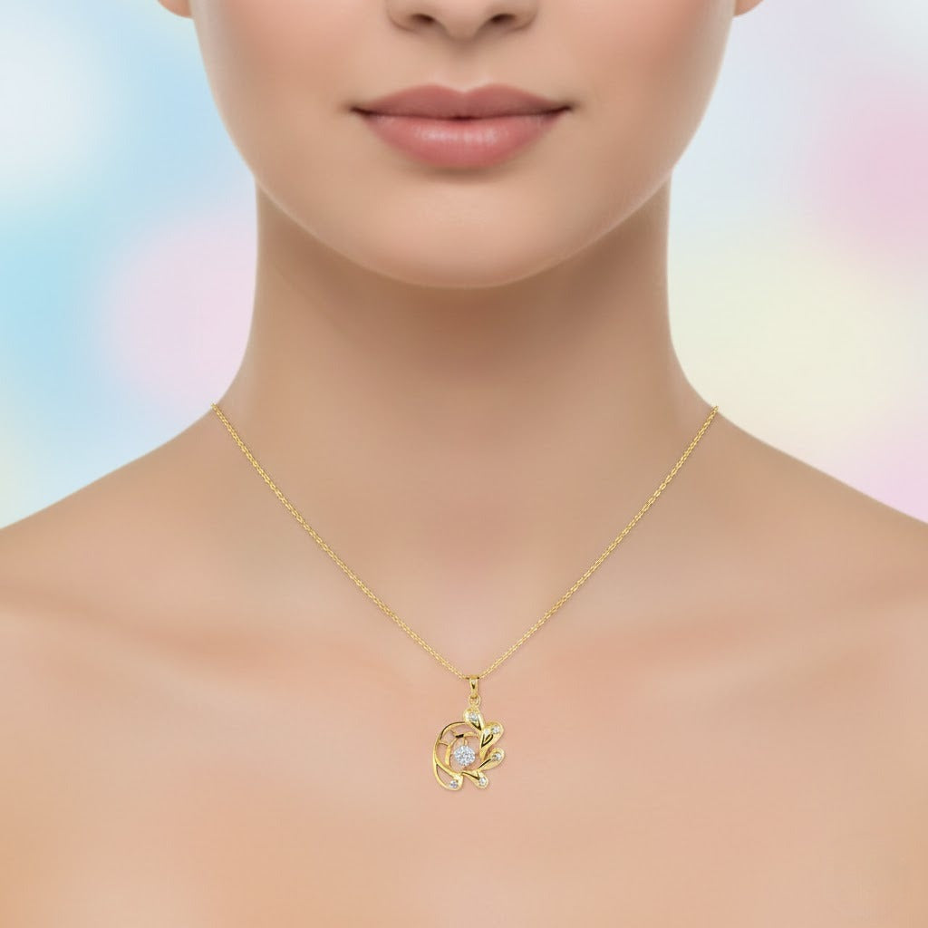 Floral Swirl Blue Accent Diamond Gold Pendant