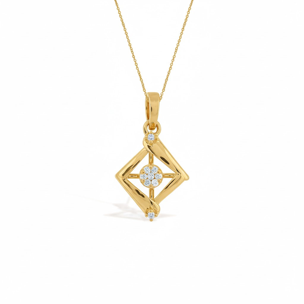 Elegant Square Frame Cluster Design Diamond Gold Pendant