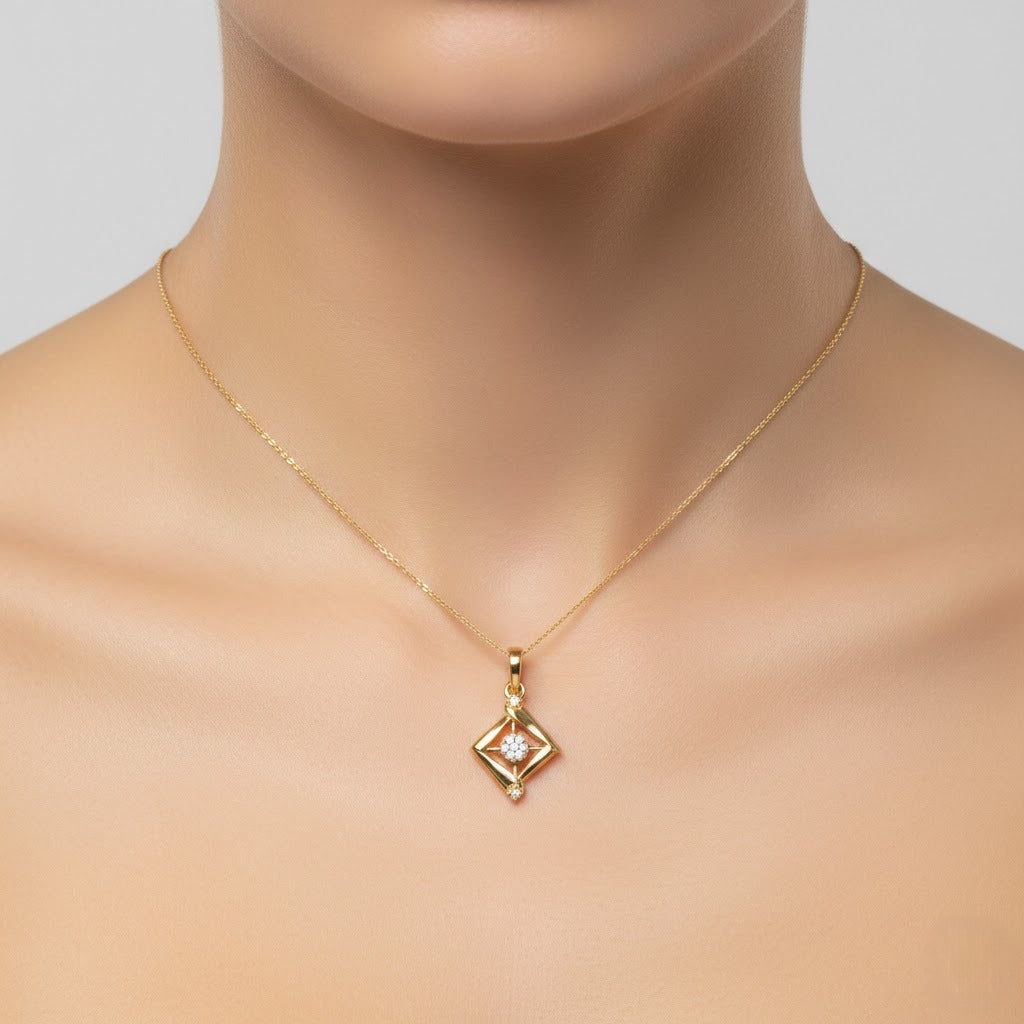 Elegant Square Frame Cluster Design Diamond Gold Pendant