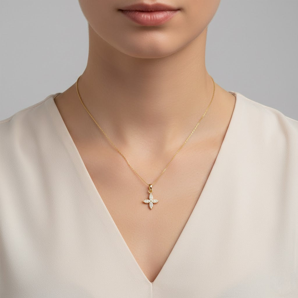 Radiant Floral Cross Sparkle Diamond Gold Pendant