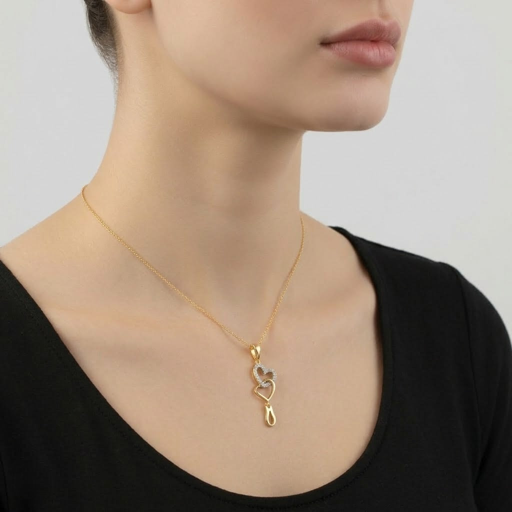 Elegant Dual Heart Drop Design Diamond Gold Pendant