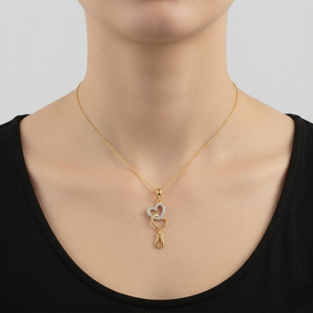 Elegant Dual Heart Drop Design Diamond Gold Pendant