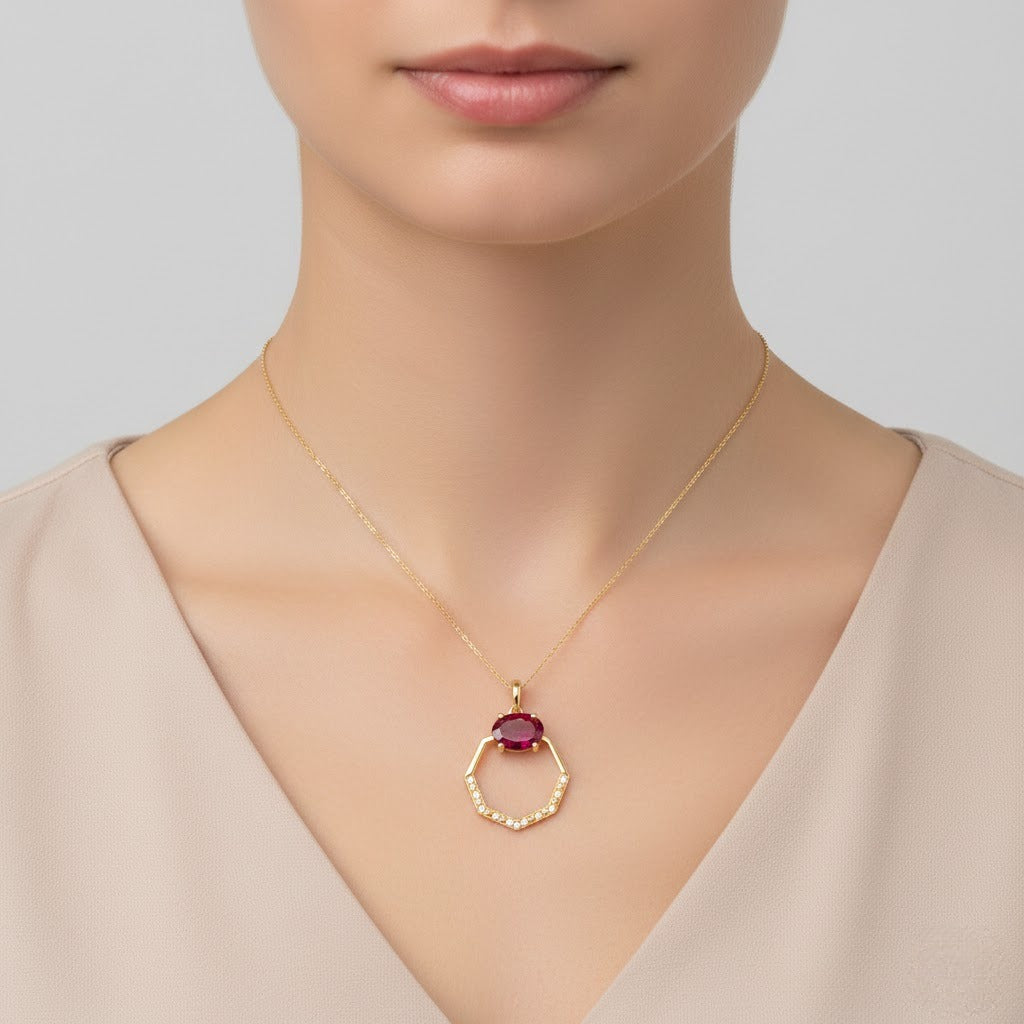 9K Geometric Ruby Halo Diamond Gold Pendant