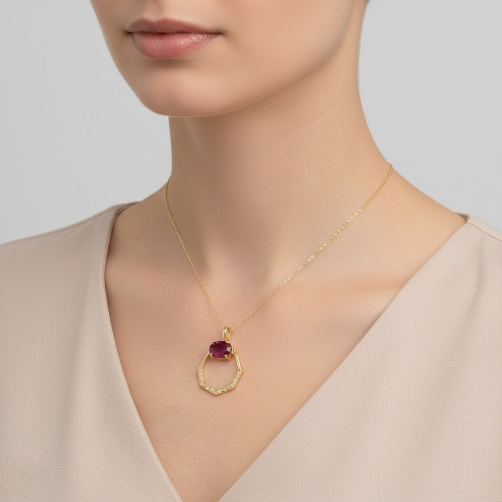 9K Geometric Ruby Halo Diamond Gold Pendant