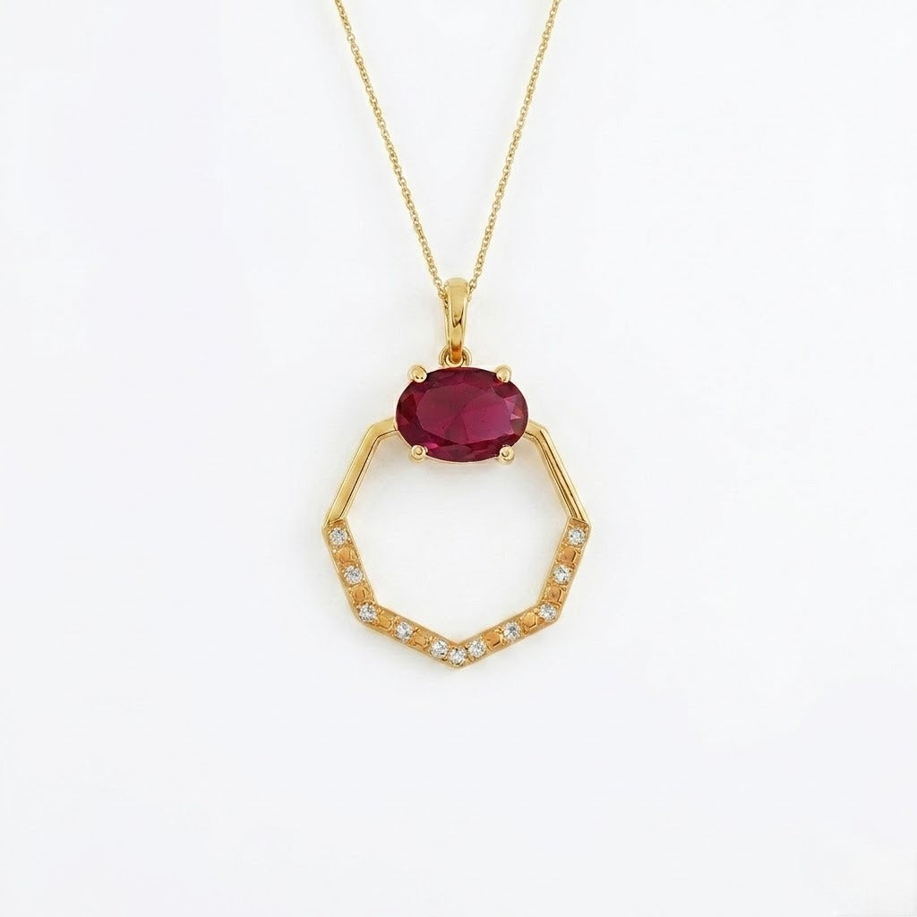 9K Geometric Ruby Halo Diamond Gold Pendant