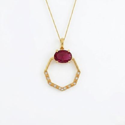 9K Geometric Ruby Halo Diamond Gold Pendant