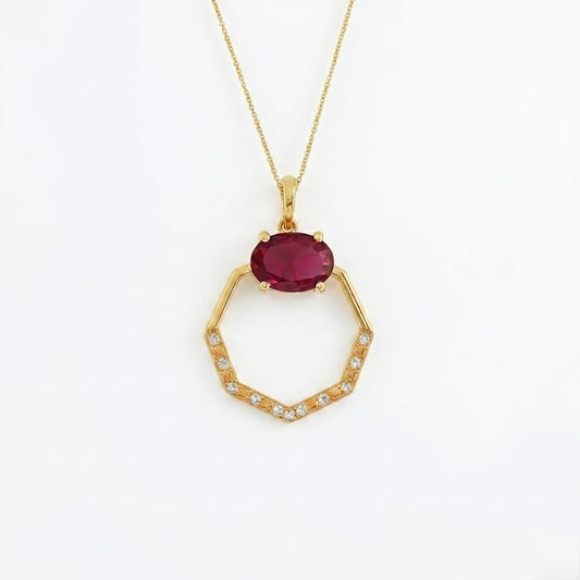 9K Geometric Ruby Halo Diamond Gold Pendant
